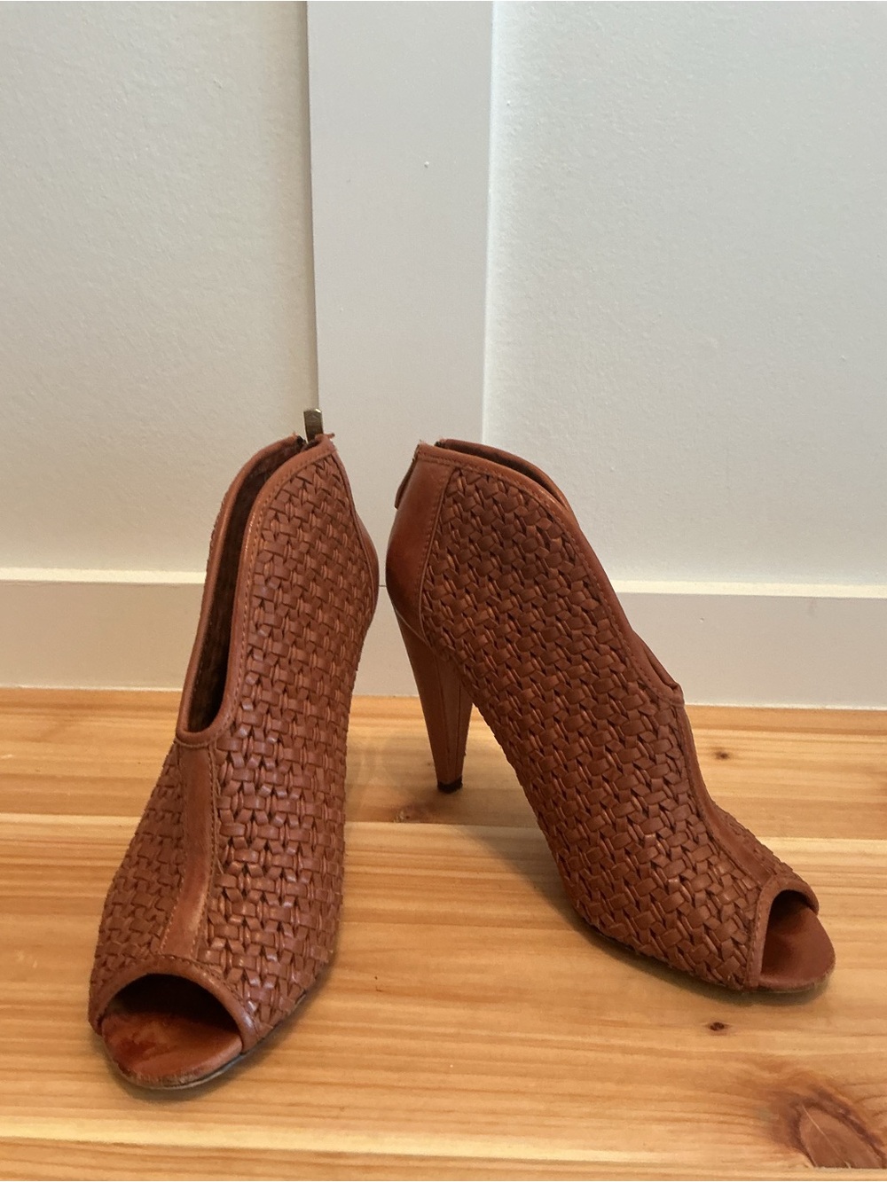 Vince Camuto Woven Peep-Toe High Heel Booties - Cognac Brown